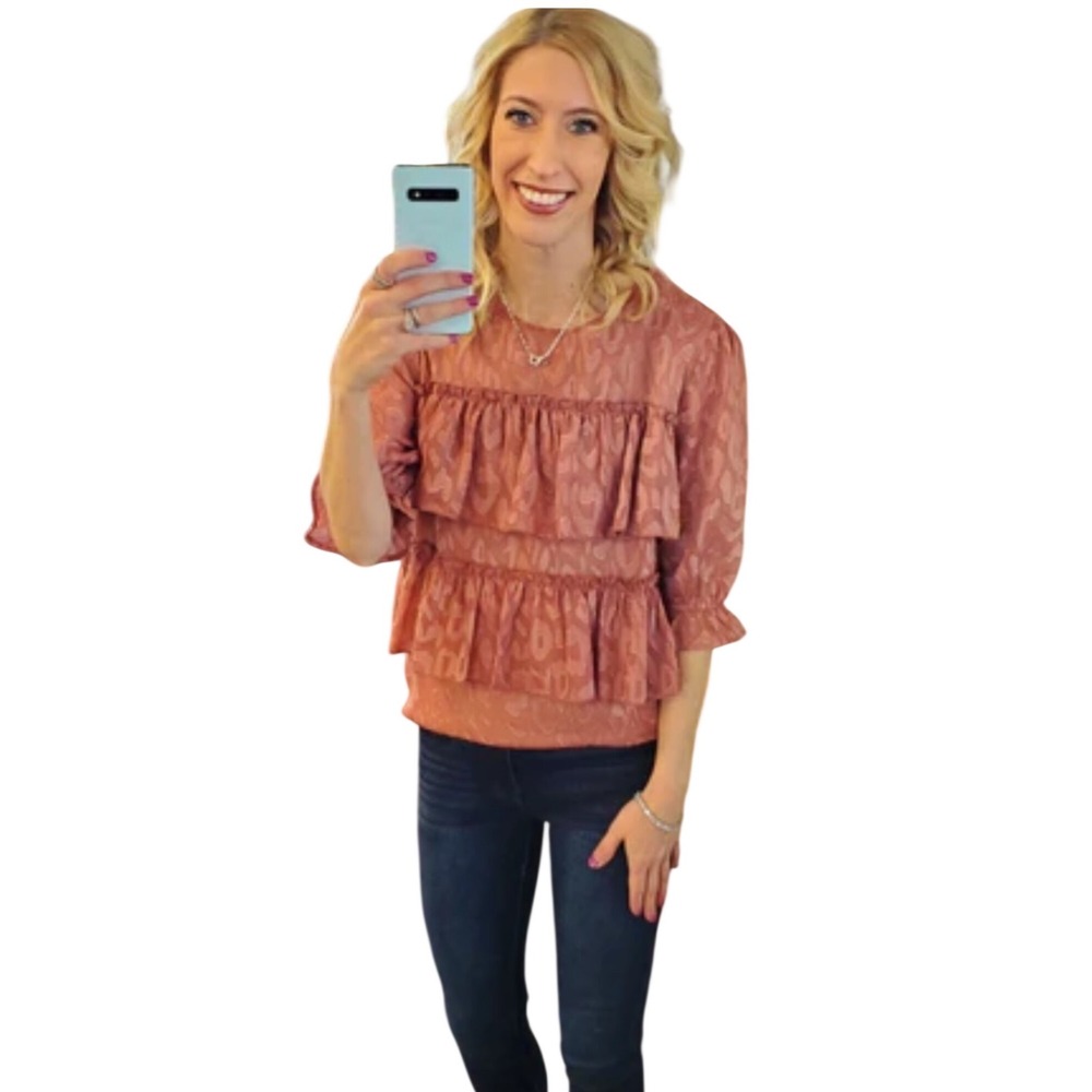 ANDTHEWHY Chic Boho Mauve Pink Leopard Print Tiered Ruffle Blouse Top Small
